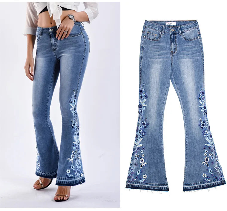 Women Stretch High Waist Embroidery Jeans Wide Leg Floral Denim Long Flared