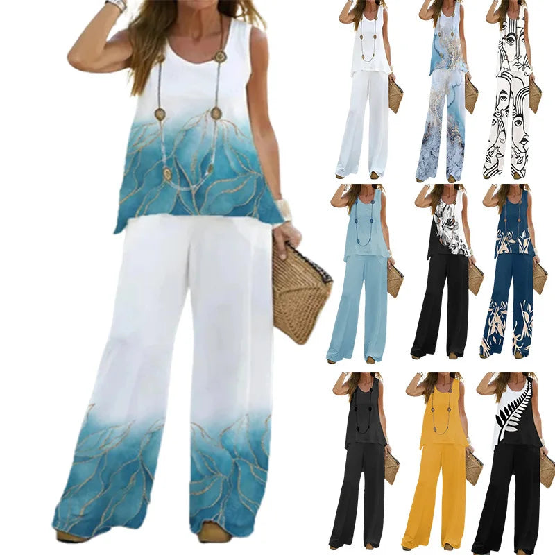 Pullover Sleeveless Round Neck Top Wide Leg Pants Set Two Piece Set