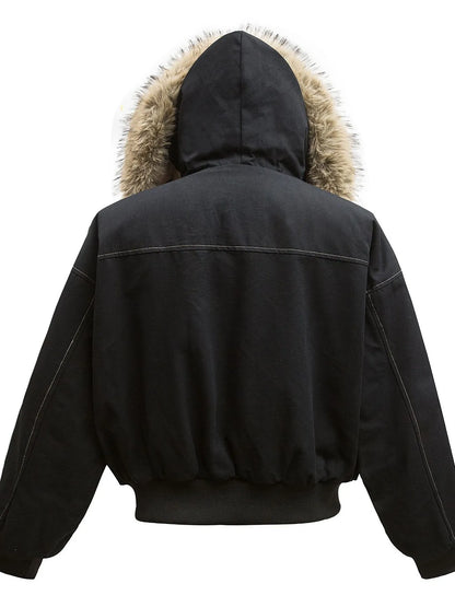 Men's Faux Fur Hooded Zip Up Jacket - -