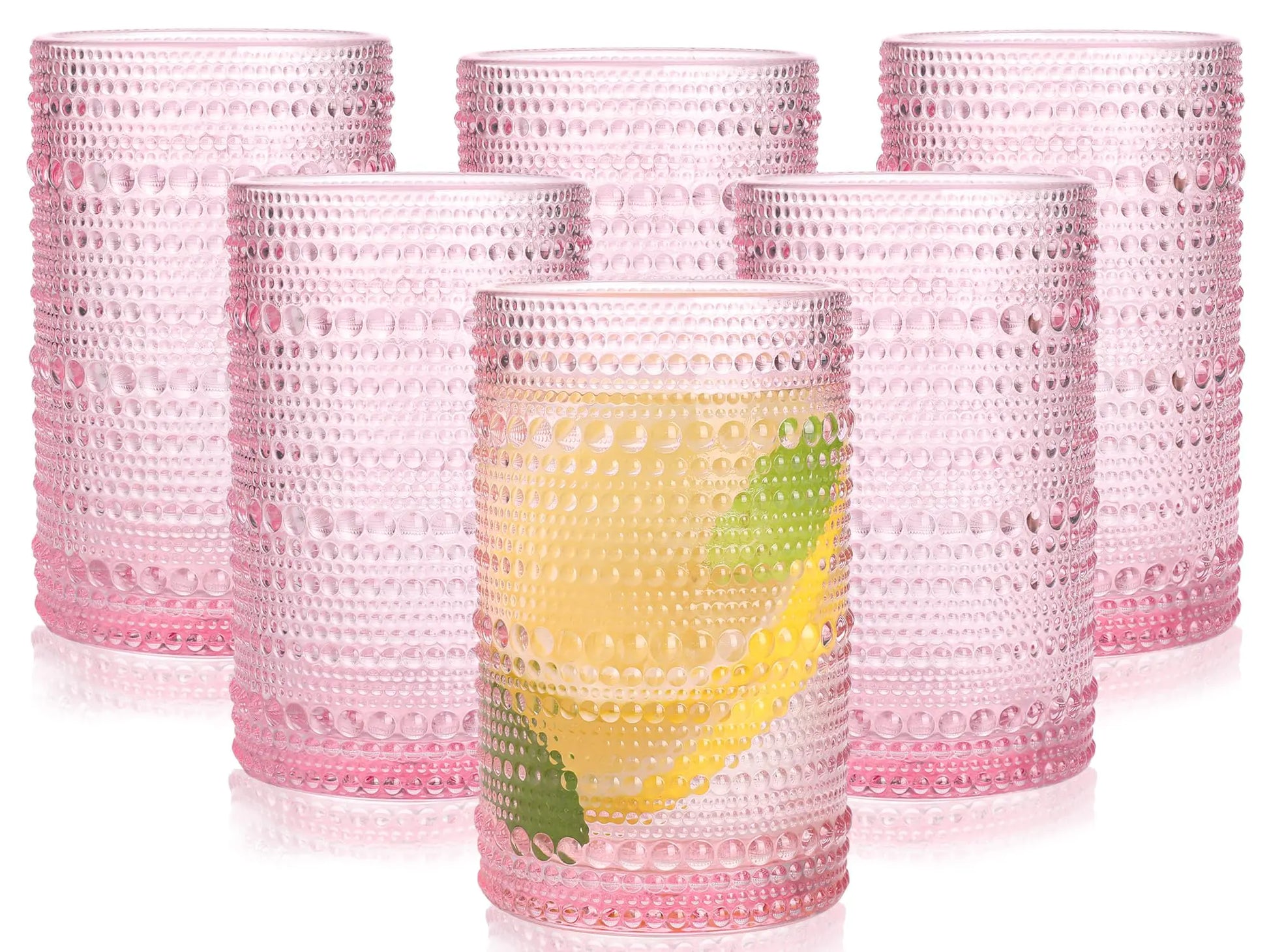 Set of 6 Pink Hobnail 12 oz Drinking Glasses - - drinkware