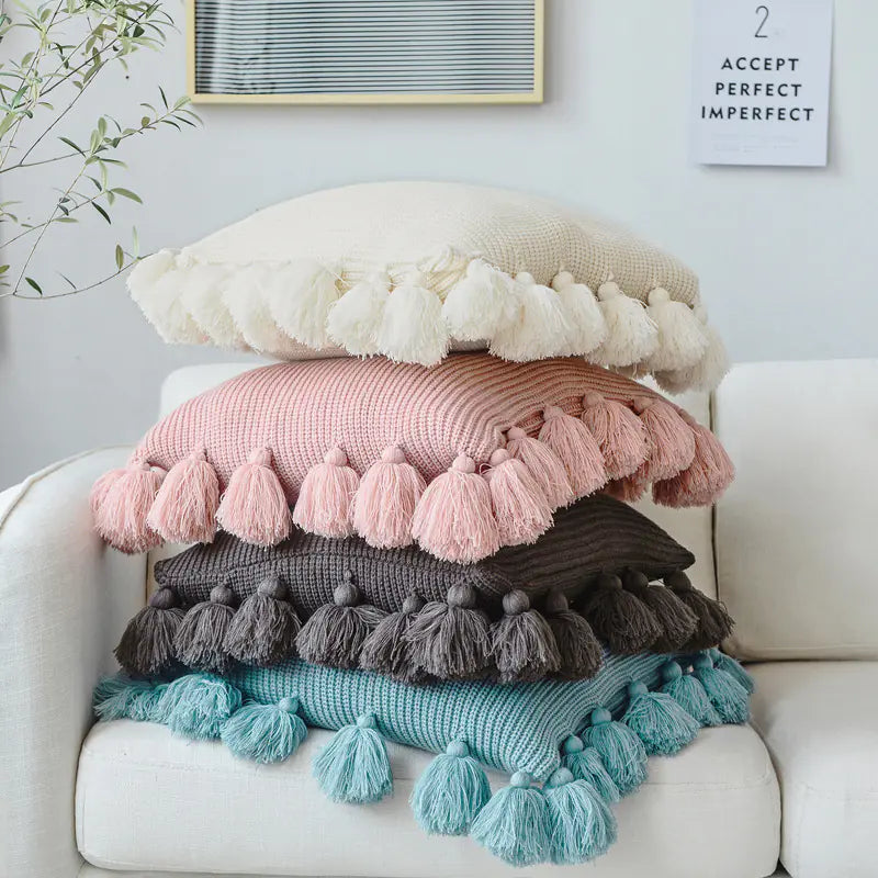 Solid Color Tassel Decorative Pillow for Home Decor Kia Day Design