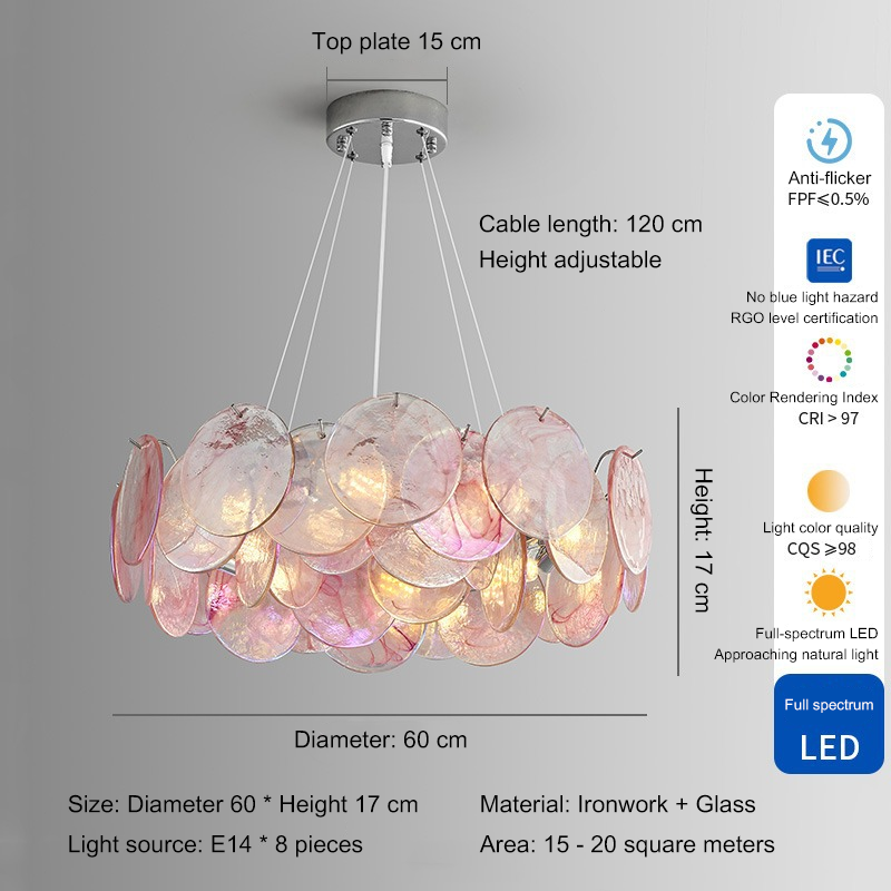 Luxury living room chandelier, designer-created stained glass dining room and bedroom lighting fixtures - Pink Glass 8 head 60cm in diameter -