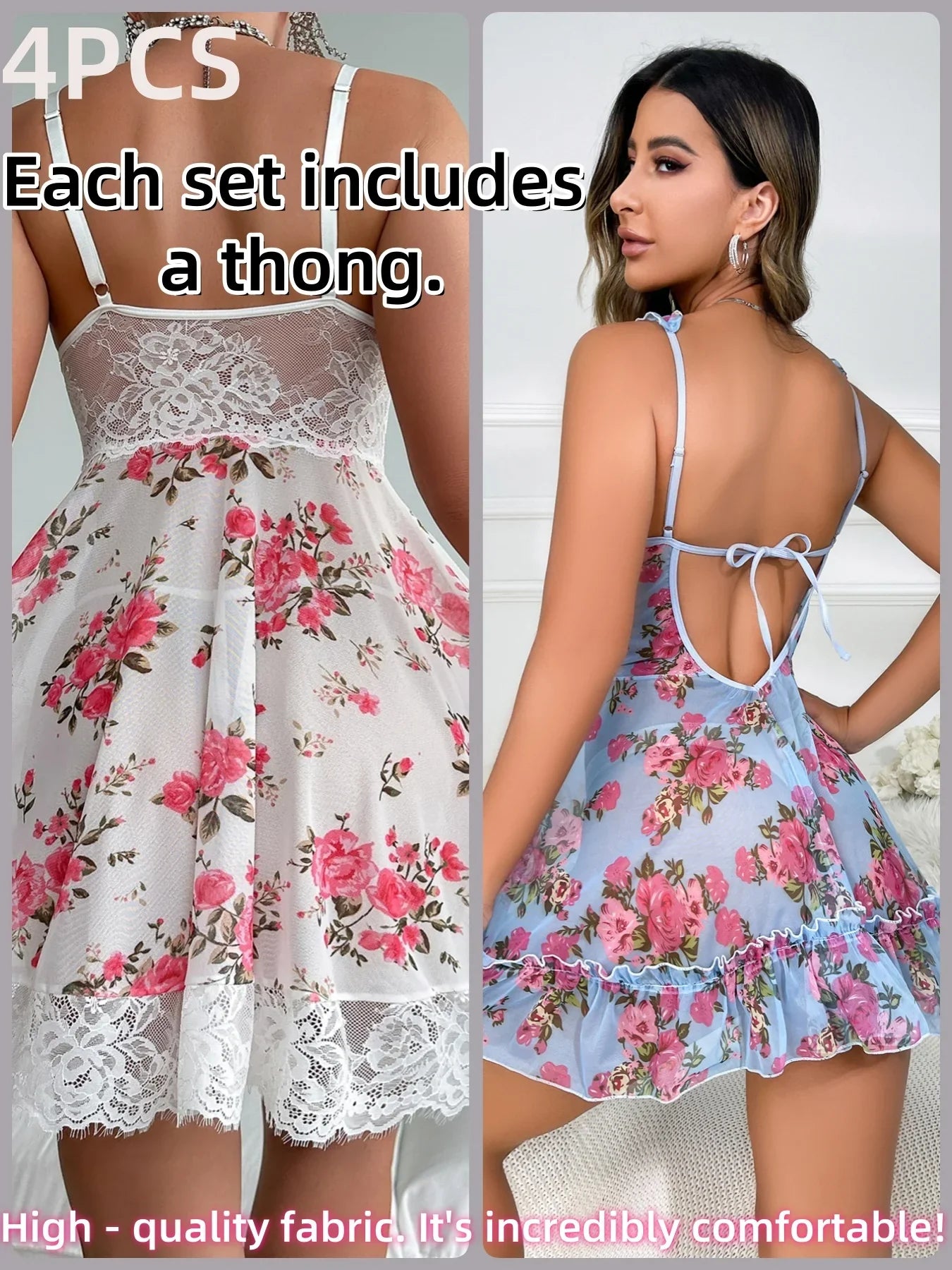 Elegant Two-Piece Sleepwear Set – Soft Lace V-Neck, Floral Print, Breathable Fabric, Sexy Lingerie for Bed, Beach, Party - -