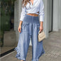 Elastic Waist Wide Leg Pants Blue Small