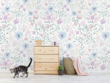 Nursery Colorful  Floral Mural, Nursery Floral Wallpaper in Purple, Watercolor Floral Garden Flowers Wall Mural for Kids Kia Day Design