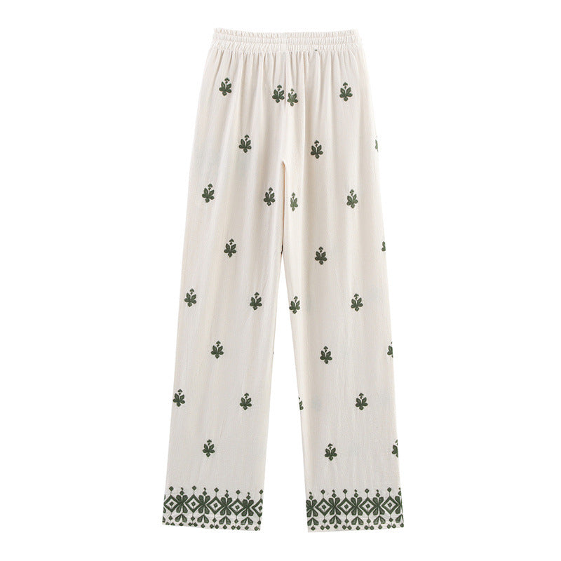 Elastic Waist Tied Embroidered Wide Leg Pants for WomenStyle Fashion Casual - -
