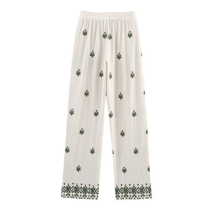 Elastic Waist Tied Embroidered Wide Leg Pants for WomenStyle Fashion Casual - -