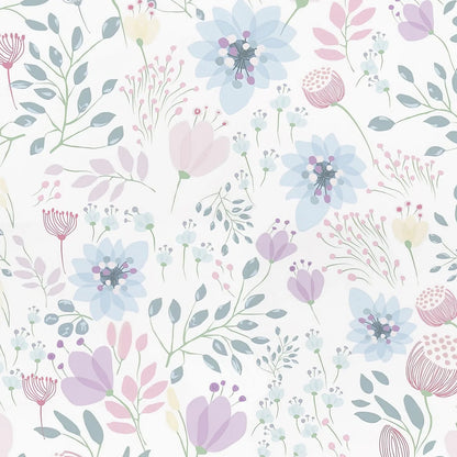 Nursery Colorful  Floral Mural, Nursery Floral Wallpaper in Purple, Watercolor Floral Garden Flowers Wall Mural for Kids Kia Day Design