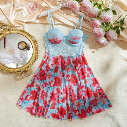 Women's Lace Underwire Floral Babydoll Nightgown Flowy Lingerie Dress and Thong Set - -