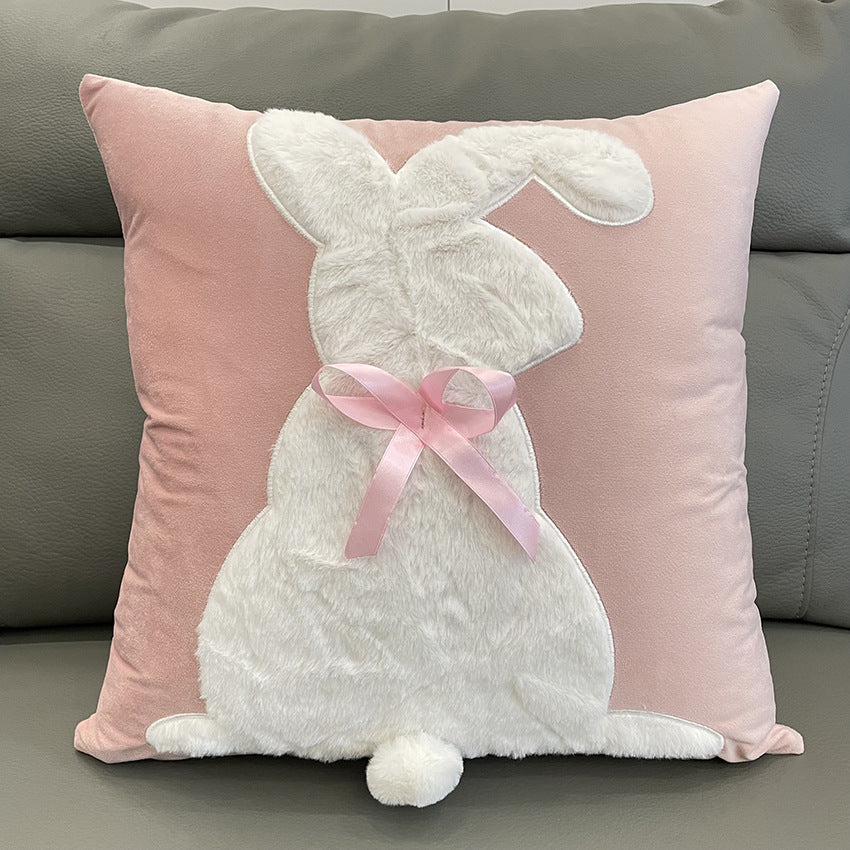 Soft Rabbit Pillow Cover Sofa Cushion Velvet Embroidered Pillow Girl's Heart Pink Cartoon Pillow Cover Cute - 45x45cm(Pillowcase) Pink Bow Rabbit Rabbit -