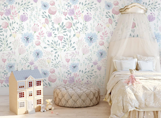 Nursery Colorful  Floral Mural, Nursery Floral Wallpaper in Purple, Watercolor Floral Garden Flowers Wall Mural for Kids Kia Day Design