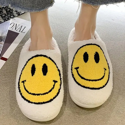 Cute Smile Pattern Fluffy Slippers White