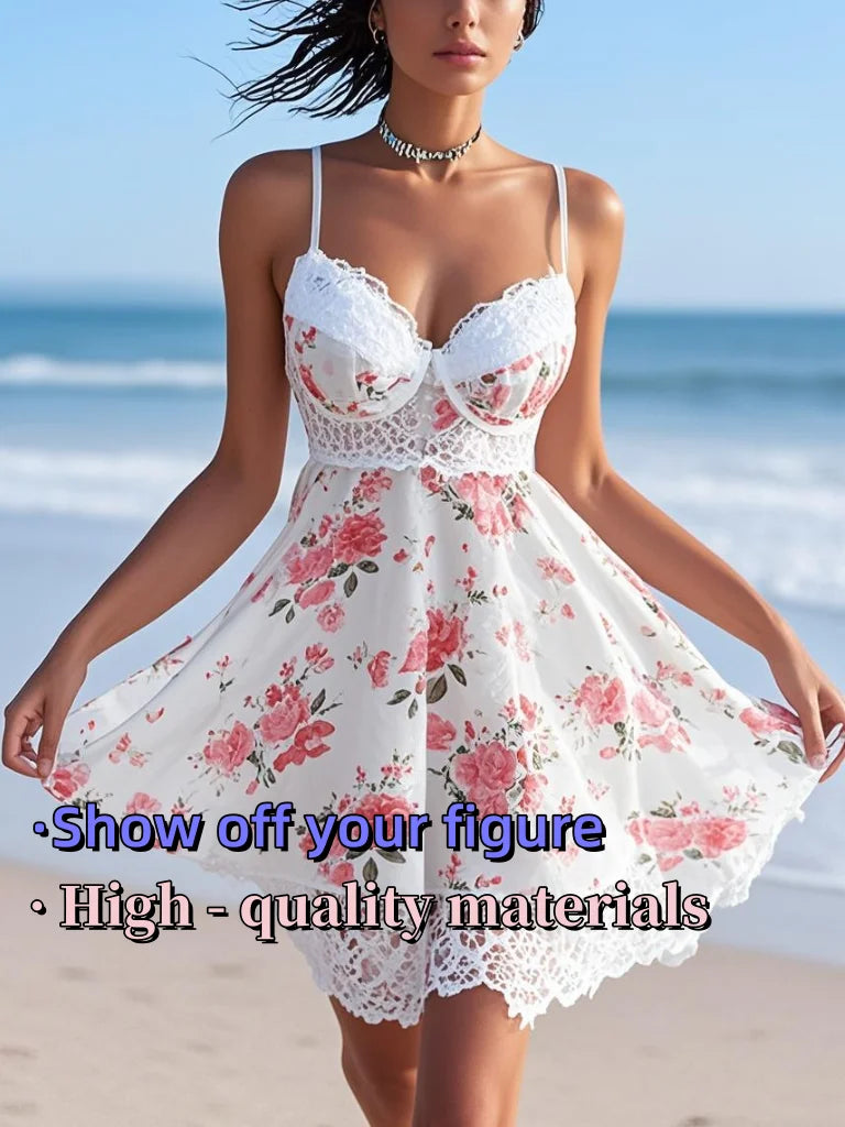 Elegant Two-Piece Sleepwear Set – Soft Lace V-Neck, Floral Print, Breathable Fabric, Sexy Lingerie for Bed, Beach, Party - -