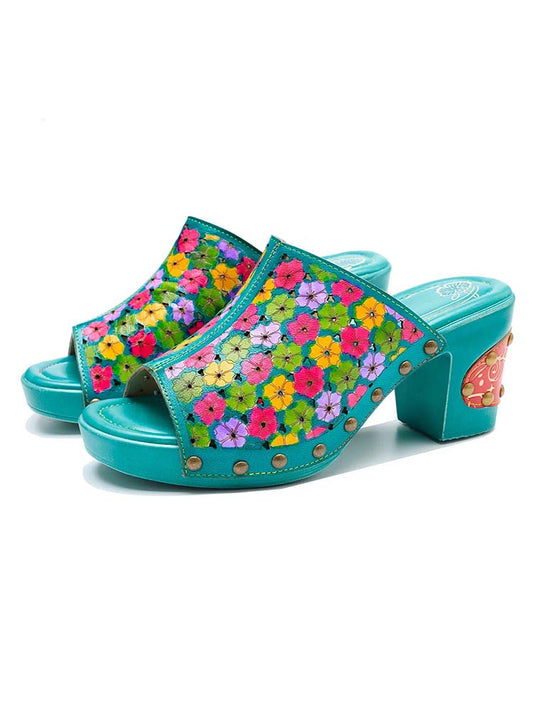 Retro Handmade Four-color Printed Sandals - - Sandals