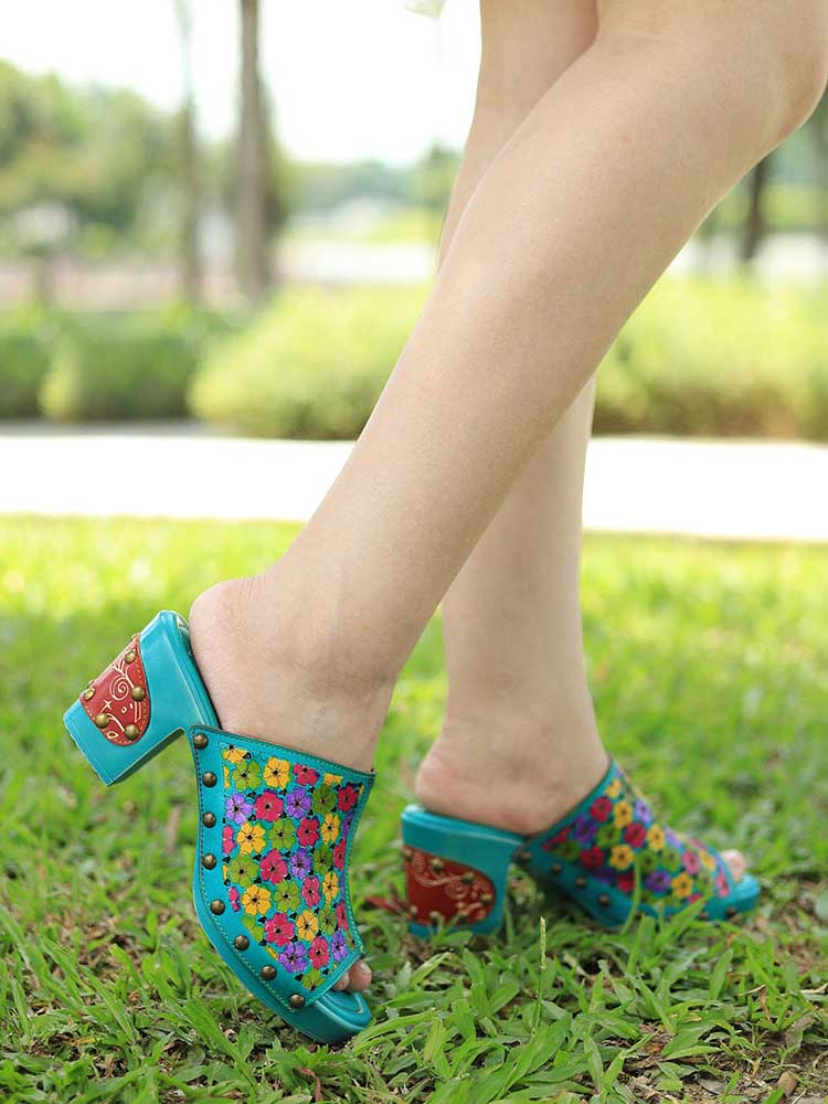 Retro Handmade Four-color Printed Sandals - - Sandals
