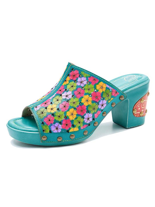 Retro Handmade Four-color Printed Sandals - - Sandals