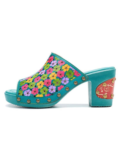 Retro Handmade Four-color Printed Sandals - - Sandals