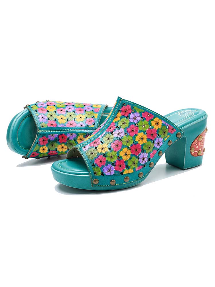 Retro Handmade Four-color Printed Sandals - - Sandals
