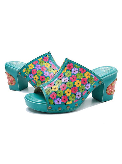 Retro Handmade Four-color Printed Sandals - - Sandals