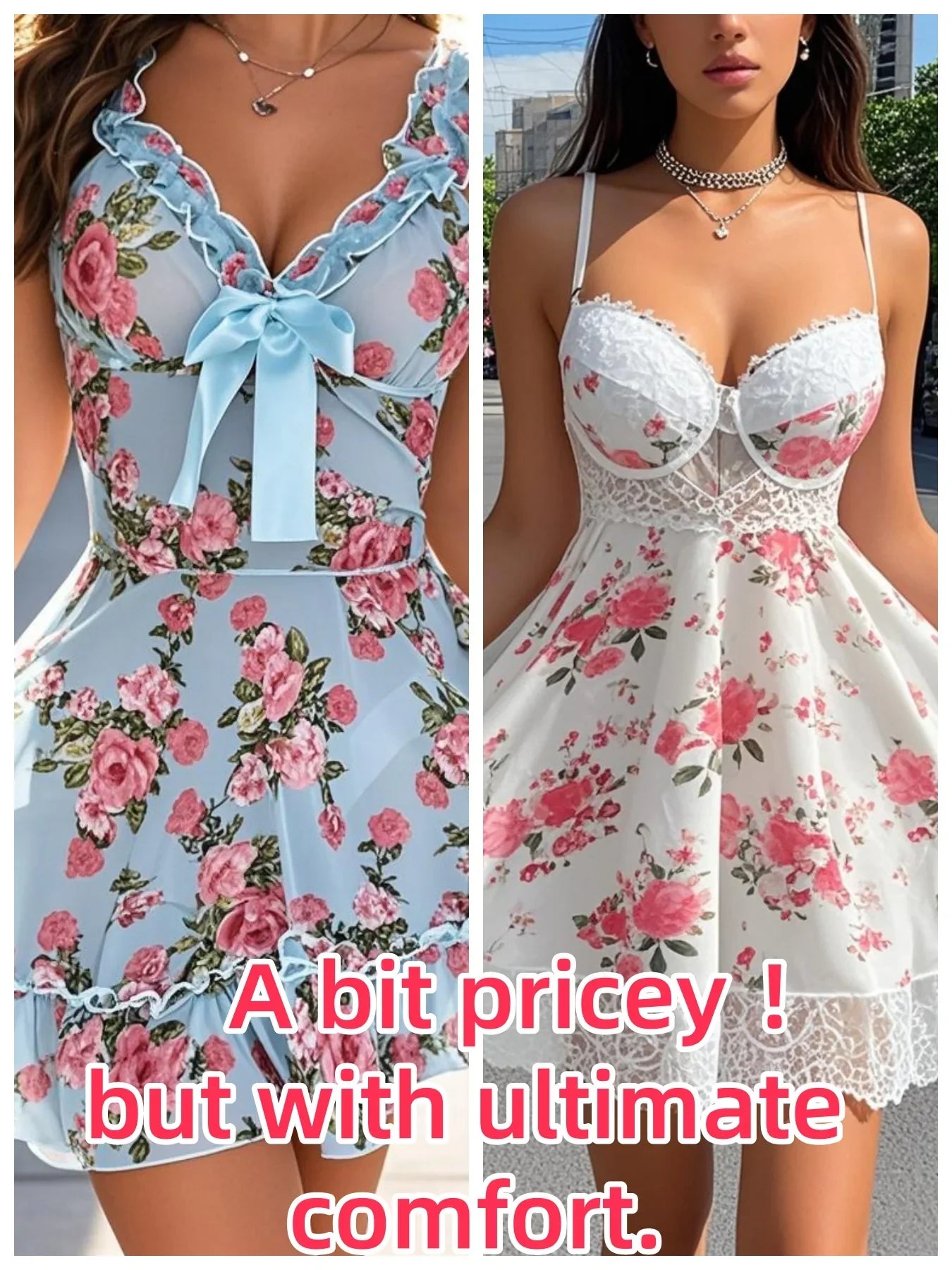 Elegant Two-Piece Sleepwear Set – Soft Lace V-Neck, Floral Print, Breathable Fabric, Sexy Lingerie for Bed, Beach, Party - Blue and white 2pcs United States -