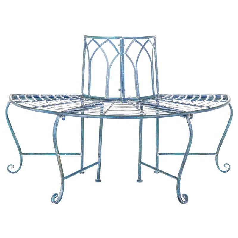 Half-Circle Outdoor Patio Garden Antique Blue Wrought Iron Tree Bench - - Outdoor > Outdoor Furniture > Garden Benches