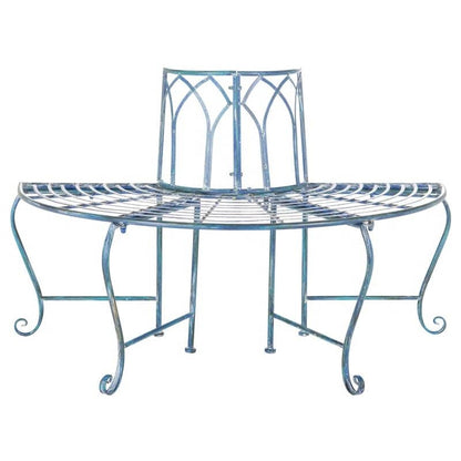 Half-Circle Outdoor Patio Garden Antique Blue Wrought Iron Tree Bench - - Outdoor > Outdoor Furniture > Garden Benches