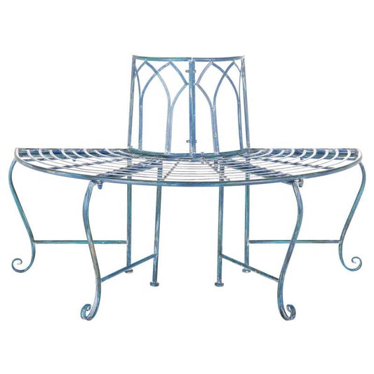 Half-Circle Outdoor Patio Garden Antique Blue Wrought Iron Tree Bench - - Outdoor > Outdoor Furniture > Garden Benches