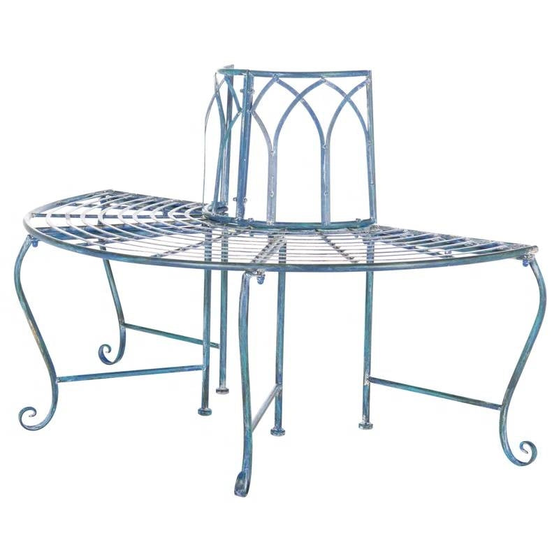 Half-Circle Outdoor Patio Garden Antique Blue Wrought Iron Tree Bench - - Outdoor > Outdoor Furniture > Garden Benches