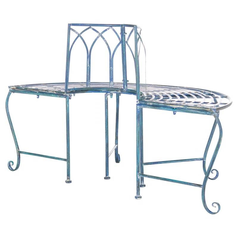 Half-Circle Outdoor Patio Garden Antique Blue Wrought Iron Tree Bench - - Outdoor > Outdoor Furniture > Garden Benches