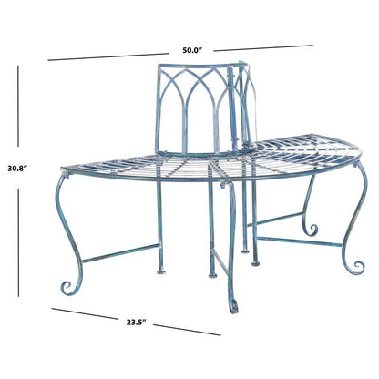Half-Circle Outdoor Patio Garden Antique Blue Wrought Iron Tree Bench - - Outdoor > Outdoor Furniture > Garden Benches
