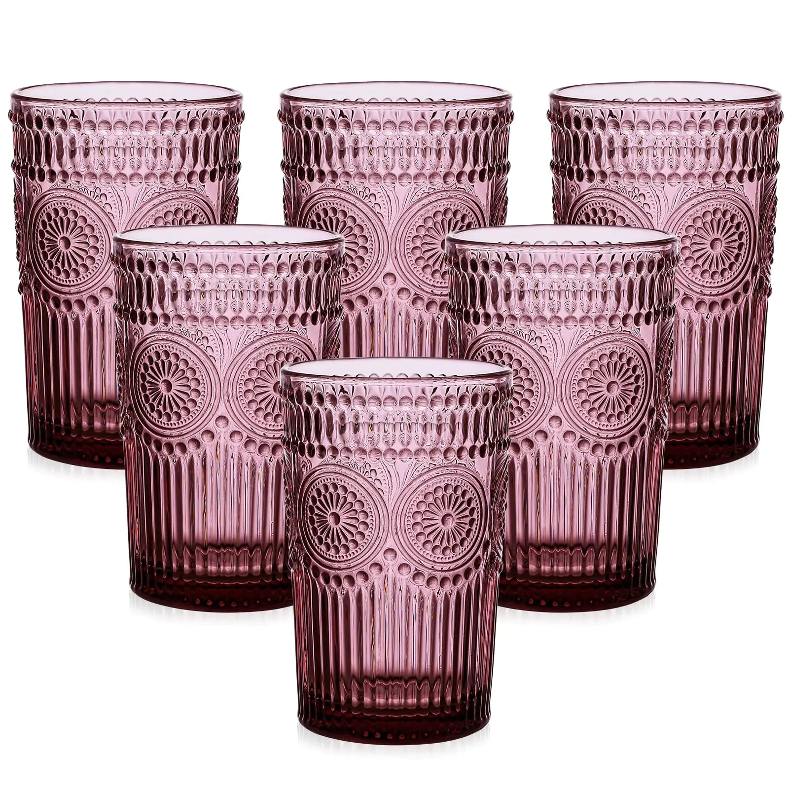 ZMOWIPDL Vintage Glassware Drinking Glasses Set of 613 oz Purple Textured Flower Design Glass Water Tumblers，Embossed Striped Drinkware for WaterCocktailsJuiceIced Coffee Kia Day Design