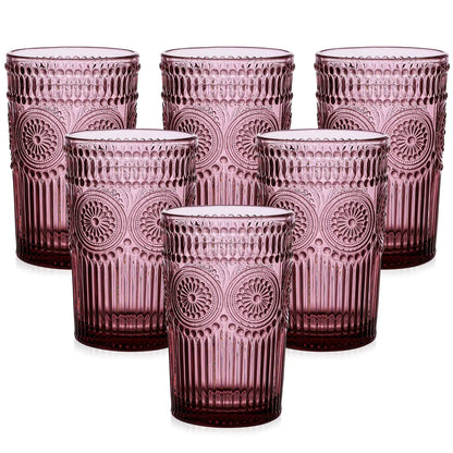 ZMOWIPDL Vintage Glassware Drinking Glasses Set of 613 oz Purple Textured Flower Design Glass Water Tumblers，Embossed Striped Drinkware for WaterCocktailsJuiceIced Coffee Kia Day Design