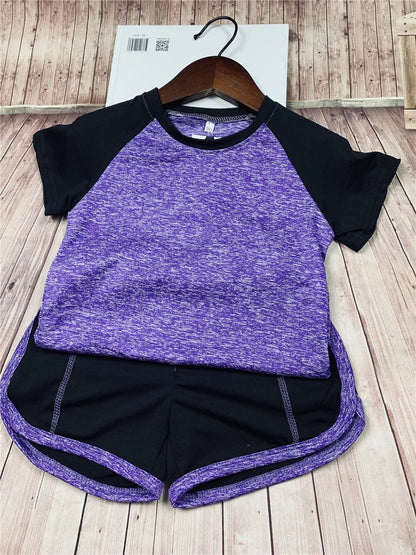 Kids Fitness T-shirt and Gym Shorts Purple Kid Height 100cm