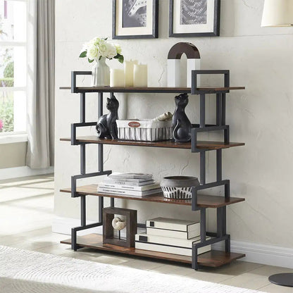 Industrial 4-tier Bookshelves, Metal And Wood Bookshelves, Open Widescreen Display Storage Bookshelves Kia Day Design