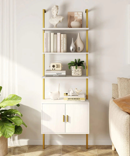 Yusong 73" Tall Bookshelf with Cabinet Industrial Ladder Wall Mount Shelf Bookcase with Wood and Metal Frame Plant Shelf Wall Storage Display for Living Room Bedroom White Gold Kia Day Design