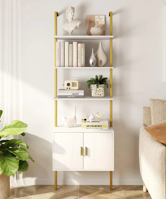 Yusong 73" Tall Bookshelf with Cabinet Industrial Ladder Wall Mount Shelf Bookcase with Wood and Metal Frame Plant Shelf Wall Storage Display for Living Room Bedroom White Gold Kia Day Design