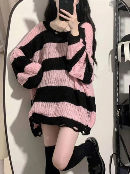 Deeptown Pink Striped Vintage Knitted Sweater - Kia Day Design
