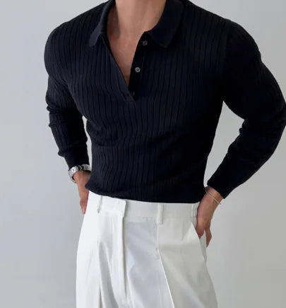 Men's Ribbed Knit Polo Shirt - Casual Button-Up Top - Kia Day Design