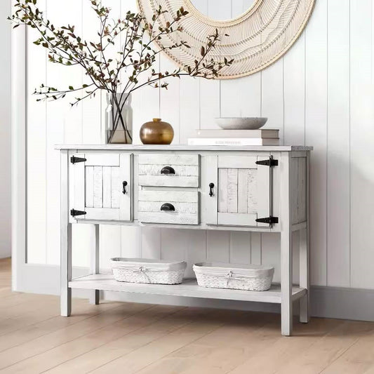 Farmhouse Solid Wood Sofa Table with Storage Drawers in Rustic White Finish - - Living Room > Console & Sofa Tables
