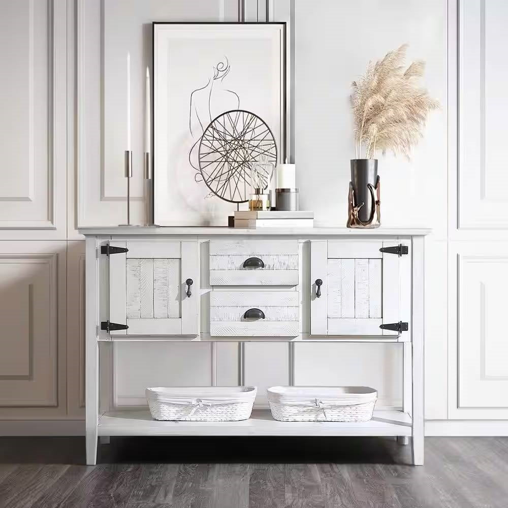 Farmhouse Solid Wood Sofa Table with Storage Drawers in Rustic White Finish - - Living Room > Console & Sofa Tables