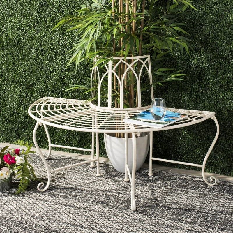 Half-Circle Outdoor Patio Garden Antique White Wrought Iron Tree Bench - - Outdoor > Outdoor Furniture > Garden Benches