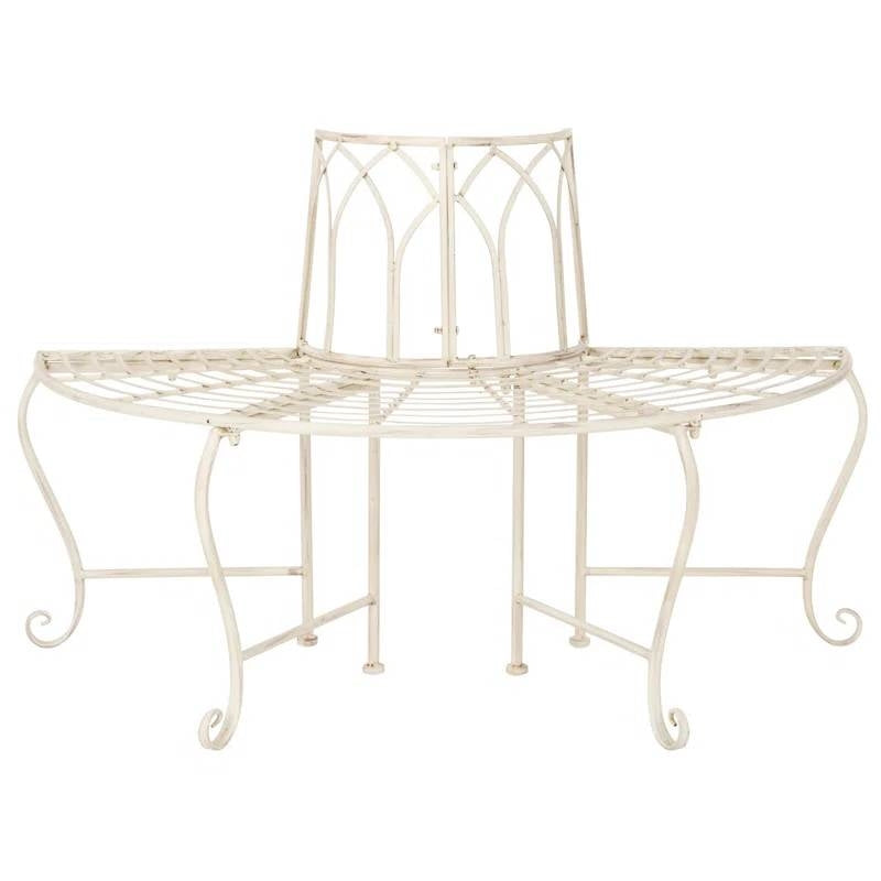 Half-Circle Outdoor Patio Garden Antique White Wrought Iron Tree Bench - - Outdoor > Outdoor Furniture > Garden Benches