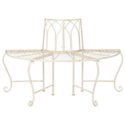 Half-Circle Outdoor Patio Garden Antique White Wrought Iron Tree Bench - - Outdoor > Outdoor Furniture > Garden Benches