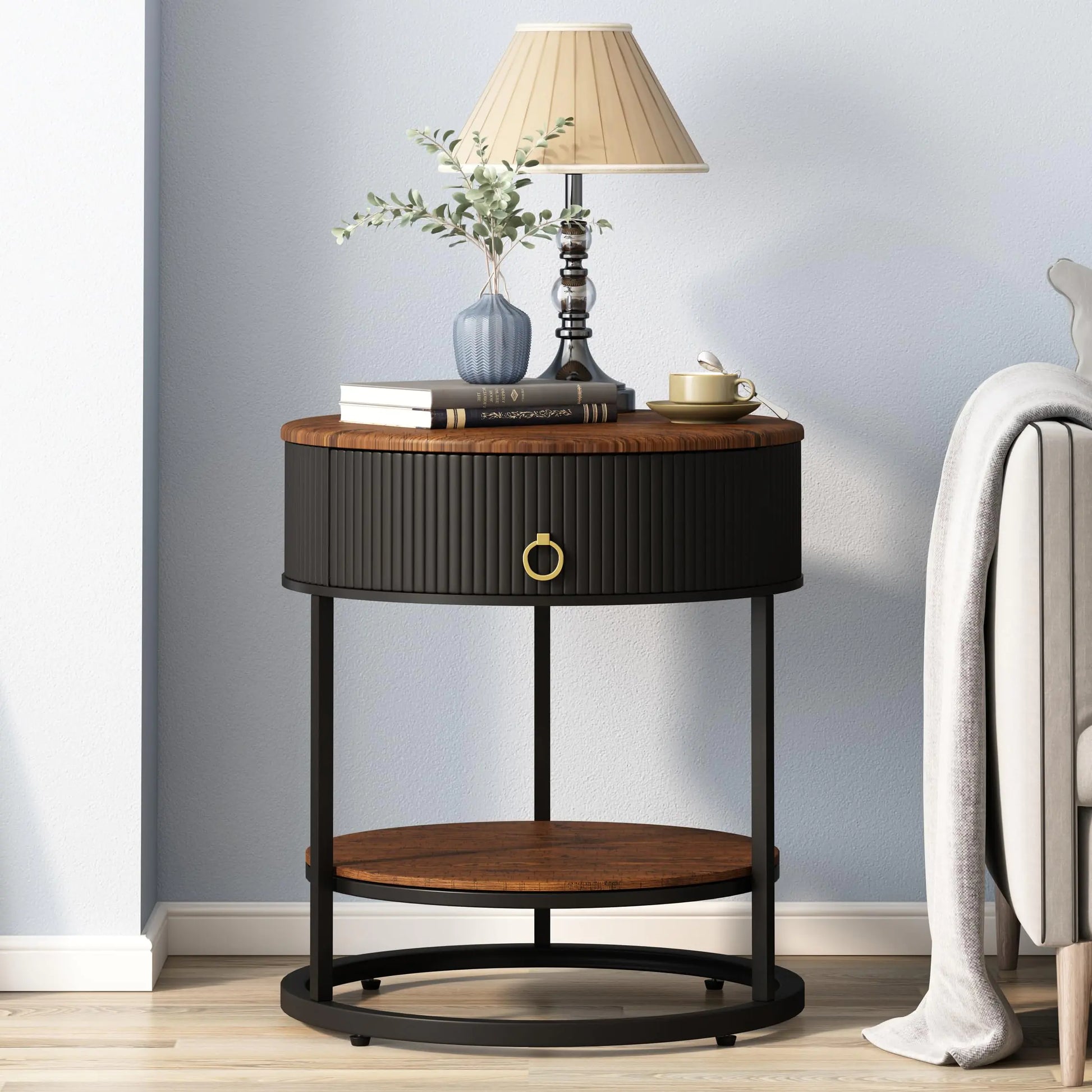 OIOG Round End Table with Drawer Modern Wood Grain Side Table with Shelf - Black - table