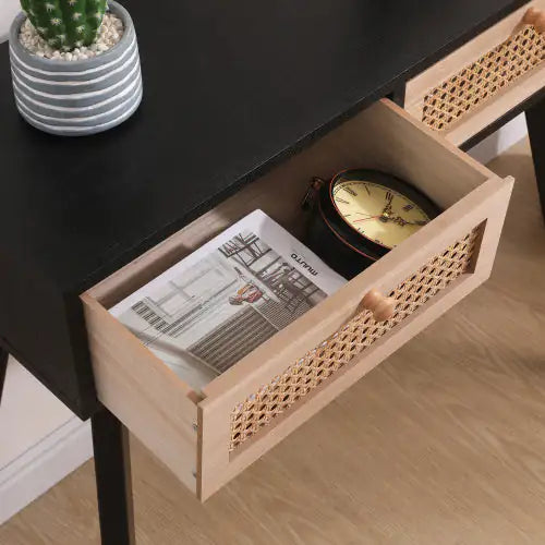 Solid Wood Side Table with Two Rattan Drawers - Kia Day Design