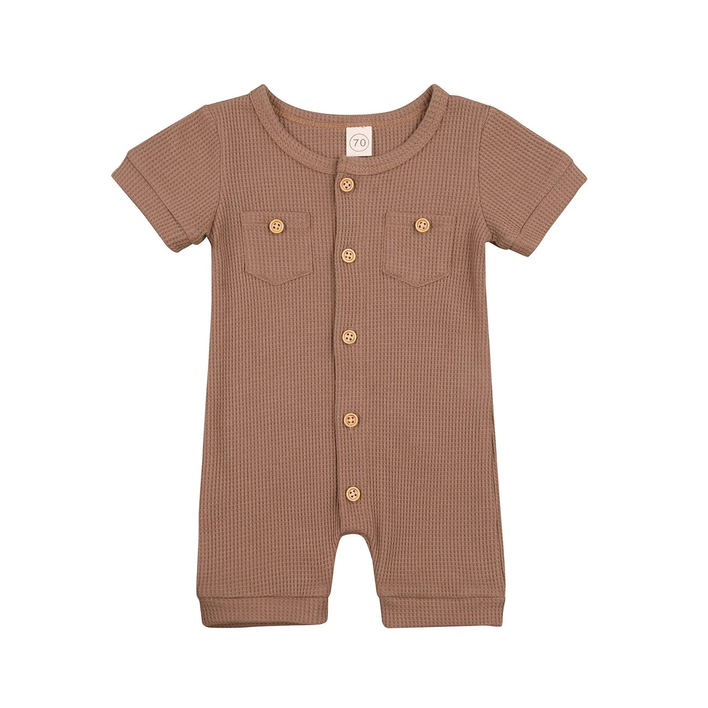 Solid Color Short Sleeve Round Neck Button Baby Playsuit