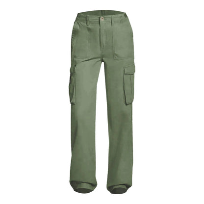 Adjustable Cargo Pants Women Straight Fit Baggy Wide Leg High Waist Pants Pockets Retro Street Style Casual Trousers - army green -