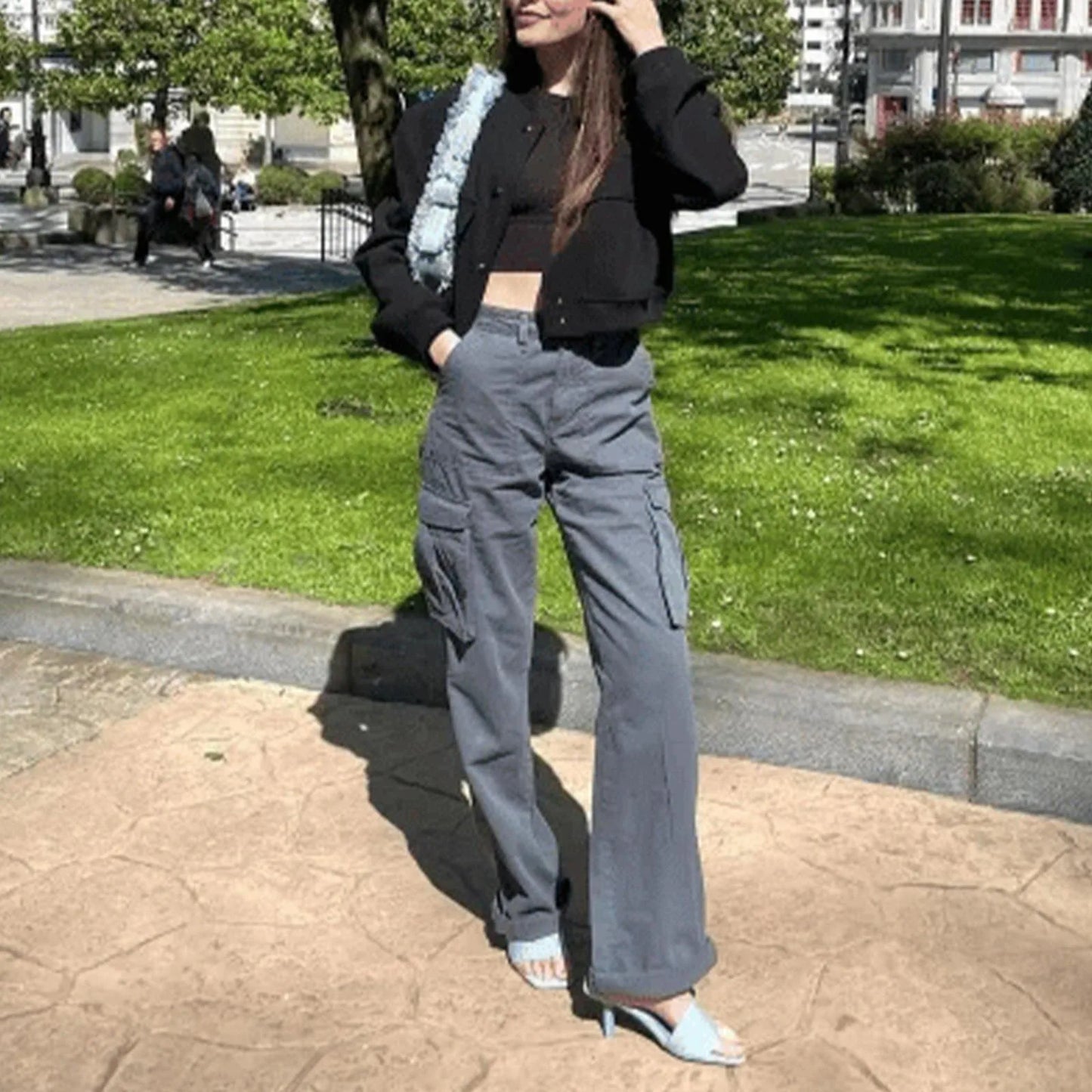 Adjustable Cargo Pants Women Straight Fit Baggy Wide Leg High Waist Pants Pockets Retro Street Style Casual Trousers - -