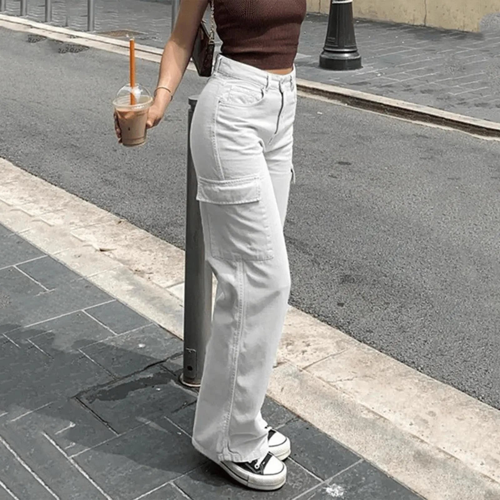Adjustable Cargo Pants Women Straight Fit Baggy Wide Leg High Waist Pants Pockets Retro Street Style Casual Trousers - -