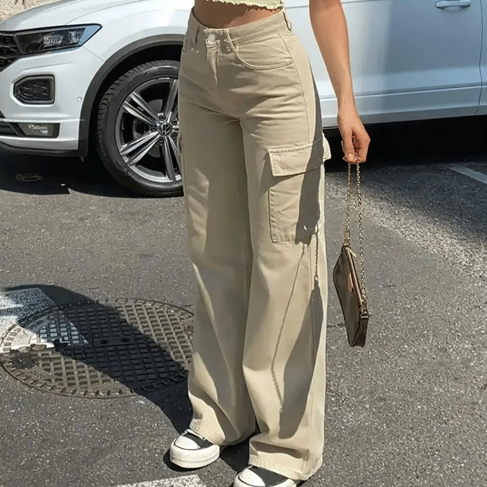 Adjustable Cargo Pants Women Straight Fit Baggy Wide Leg High Waist Pants Pockets Retro Street Style Casual Trousers - -